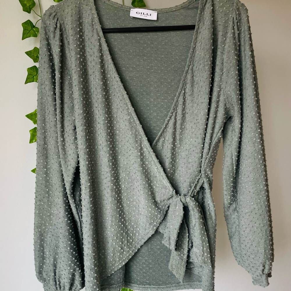 Green Textured Wrap Top